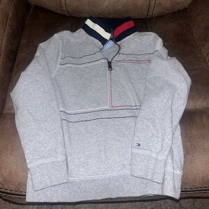 Men's Gray Sweater with Navy and Red Accents